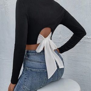 Bowknot Long Sleeves Skinny Round-Neck T-Shirts Tops